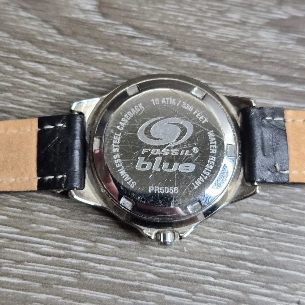 Fossil Blue PR5056 Quartz Watch Blue Dial OCCC Logo Black Leather Strap Working